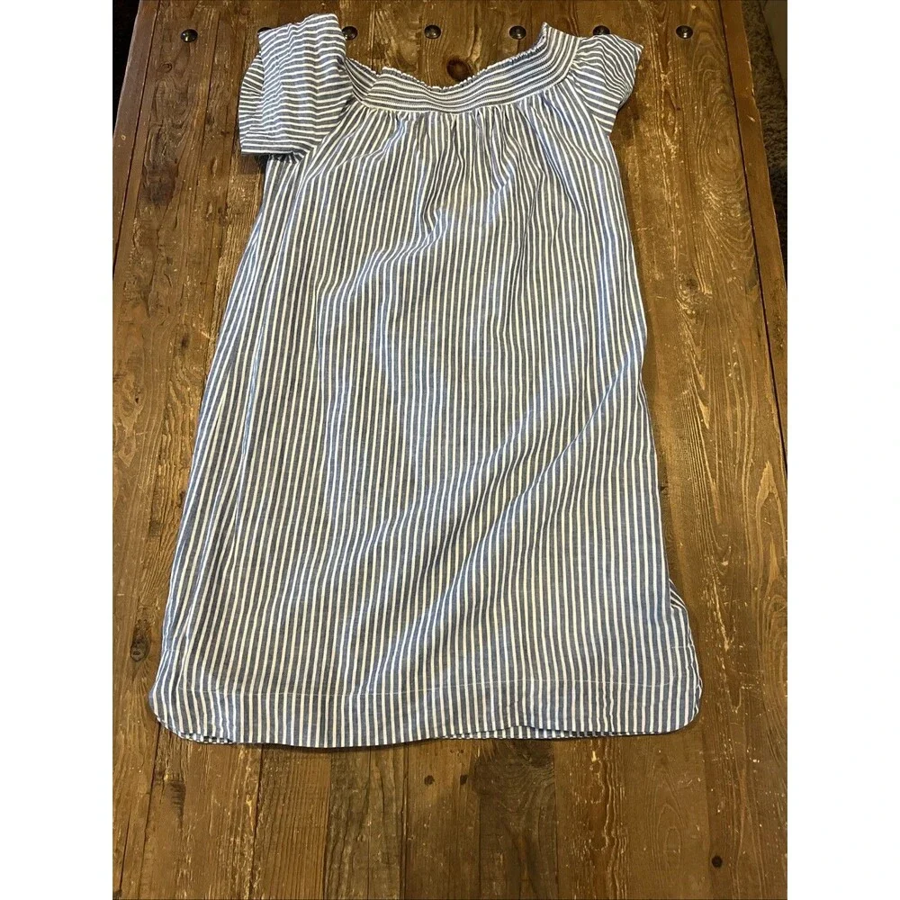 J Crew Seersucker Off The Shoulder Shift Dress Womens Sz 6 Blue & White Striped